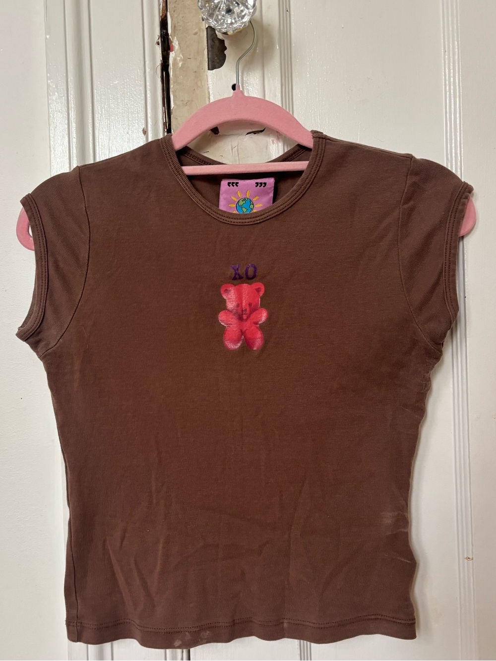 UNIF Brown Tee with Pink Bear Embroidery